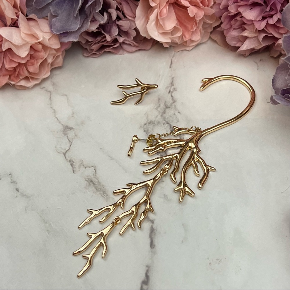 Boho Punk Asymmetric Long Dangling Gold Branch Cuff Earring - Picture 6 of 14
